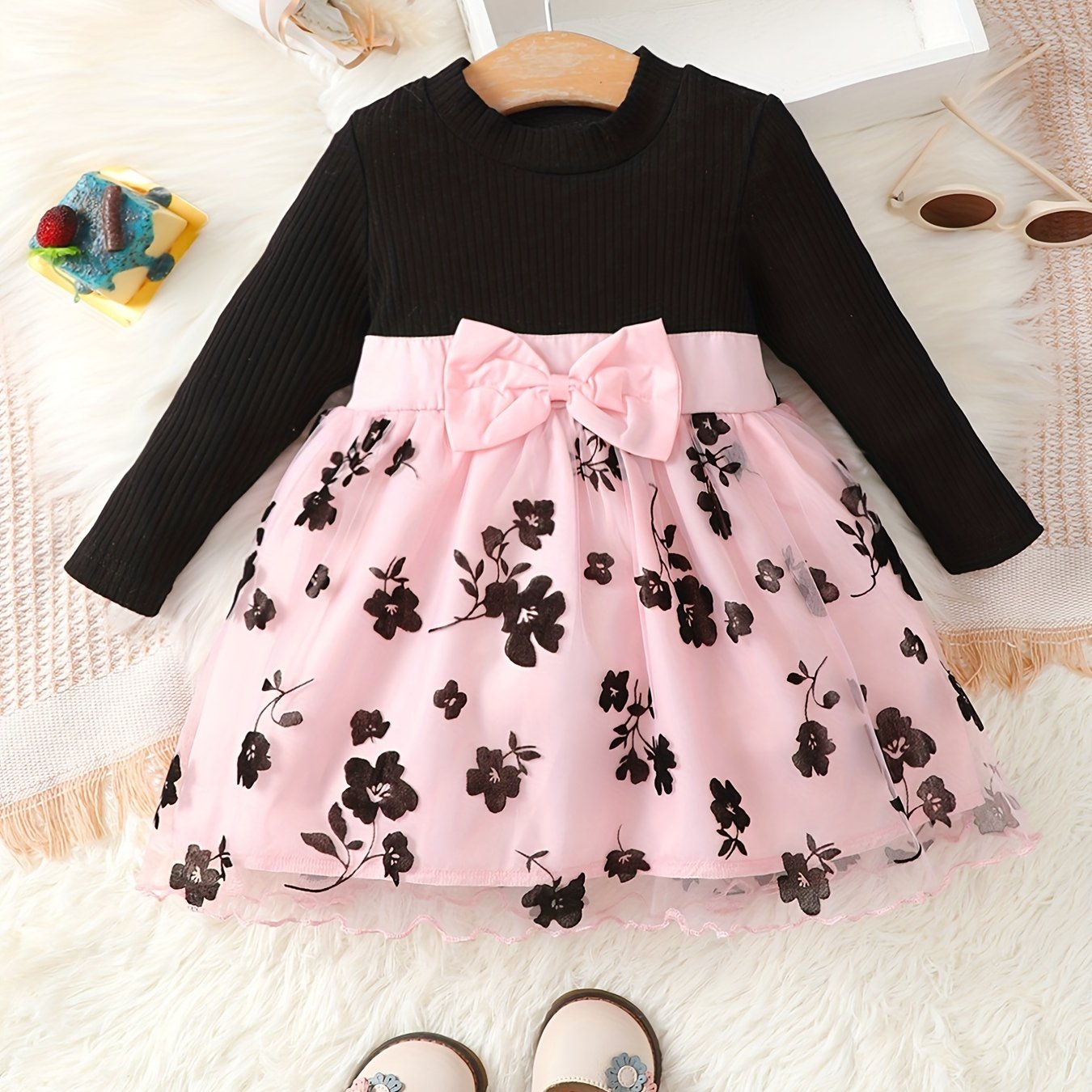 Baby Girl Flower Dress Long Sleeve Ribbed Mesh Casual Dresses