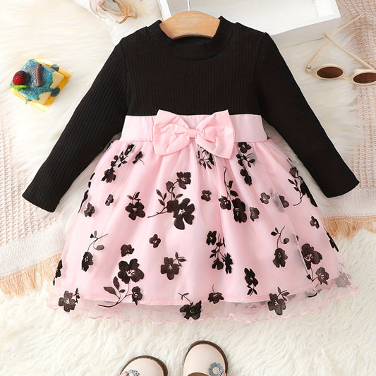 Baby Girl Flower Dress Long Sleeve Ribbed Mesh Casual Dresses