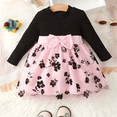 Baby Girl Flower Dress Long Sleeve Ribbed Mesh Casual Dresses
