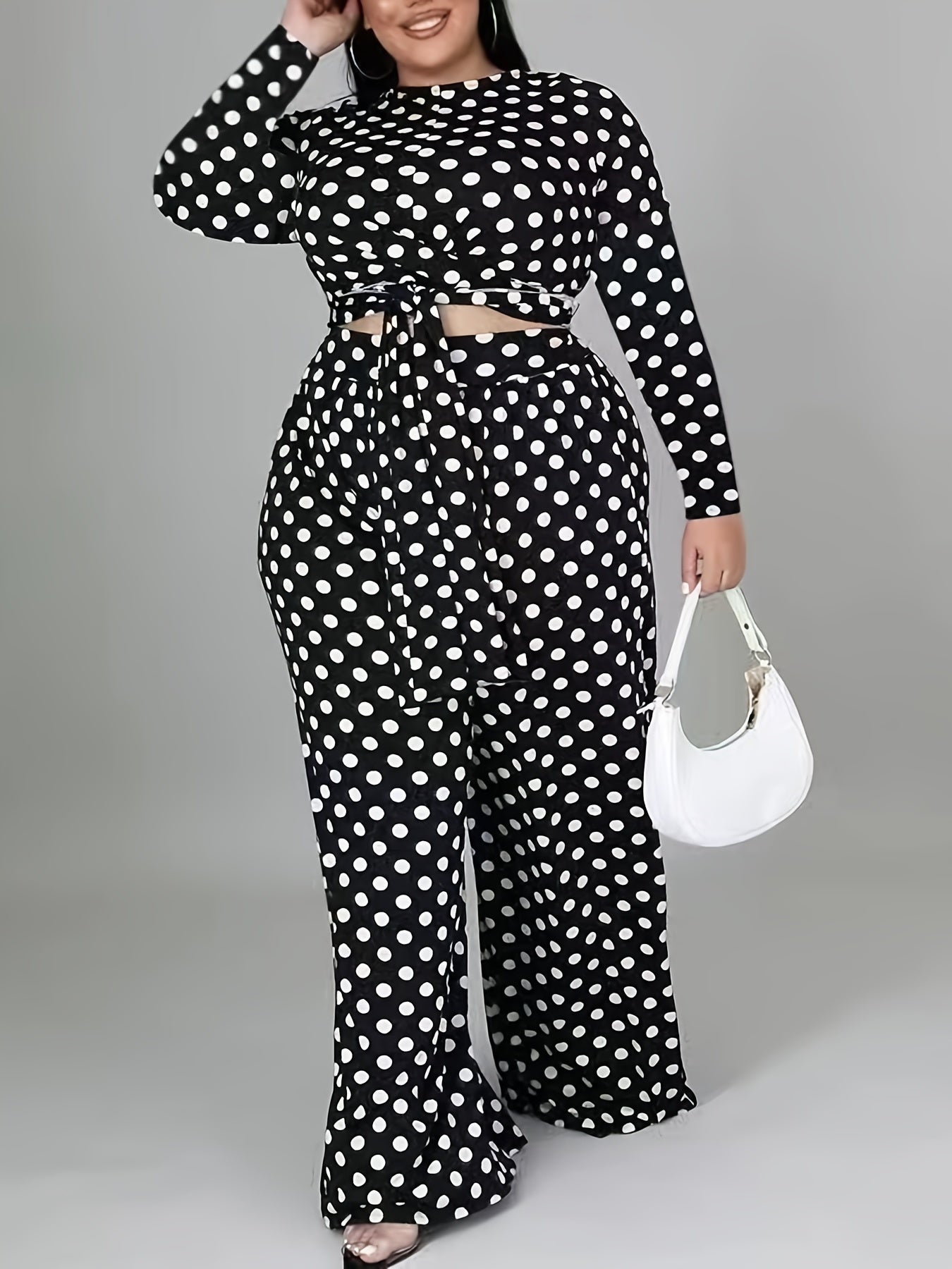Polka Dot Print Long Sleeve Crop Top & Wide Leg Pants Set