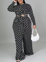 Polka Dot Print Long Sleeve Crop Top & Wide Leg Pants Set