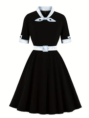 Retro Dress Women's Plus Bow Tie Flared A line Party Dress