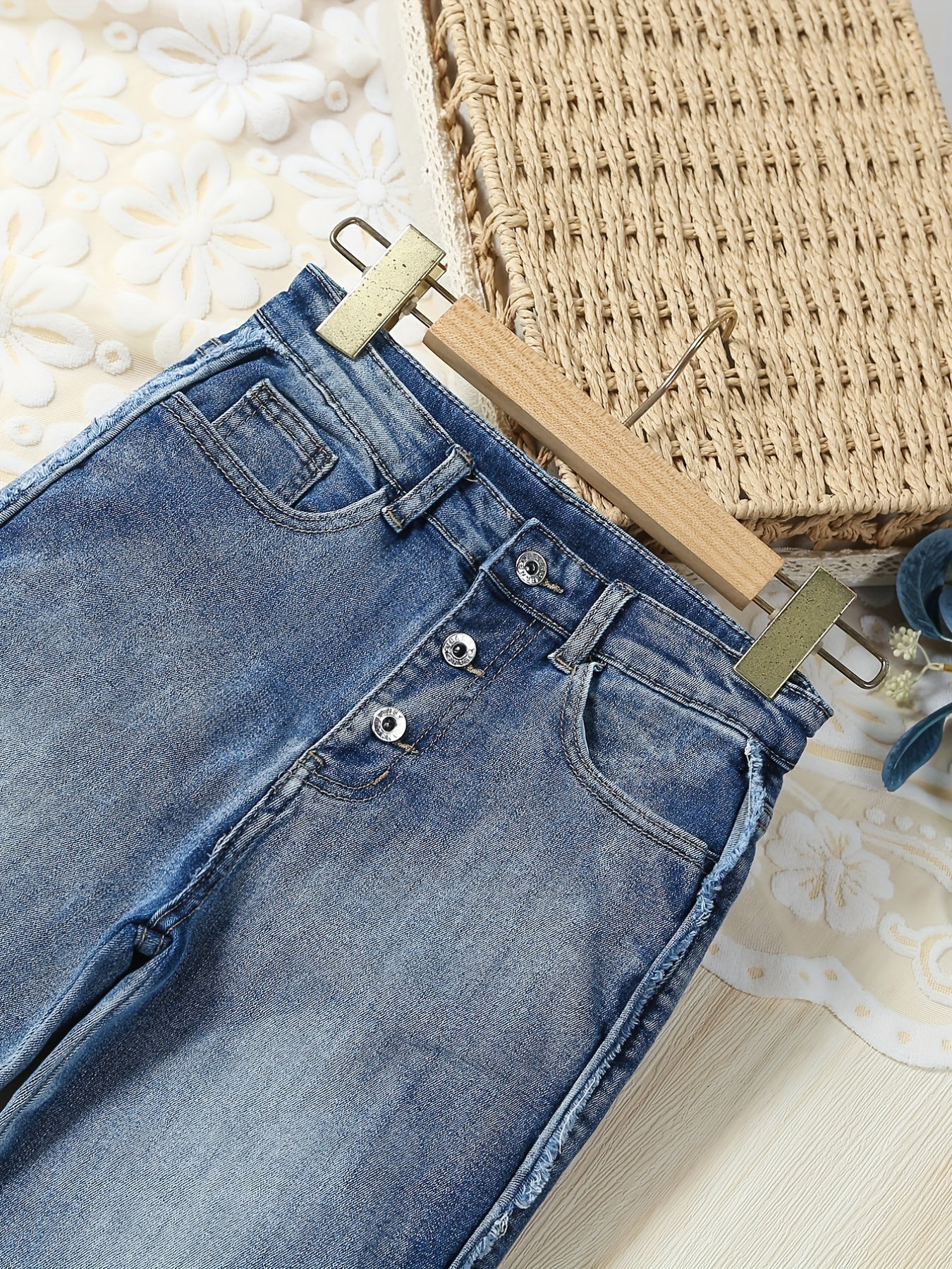 Girls' Raw Cut Skinny Jeans Stretchy Casual Street Tight Fit Denim Trousers