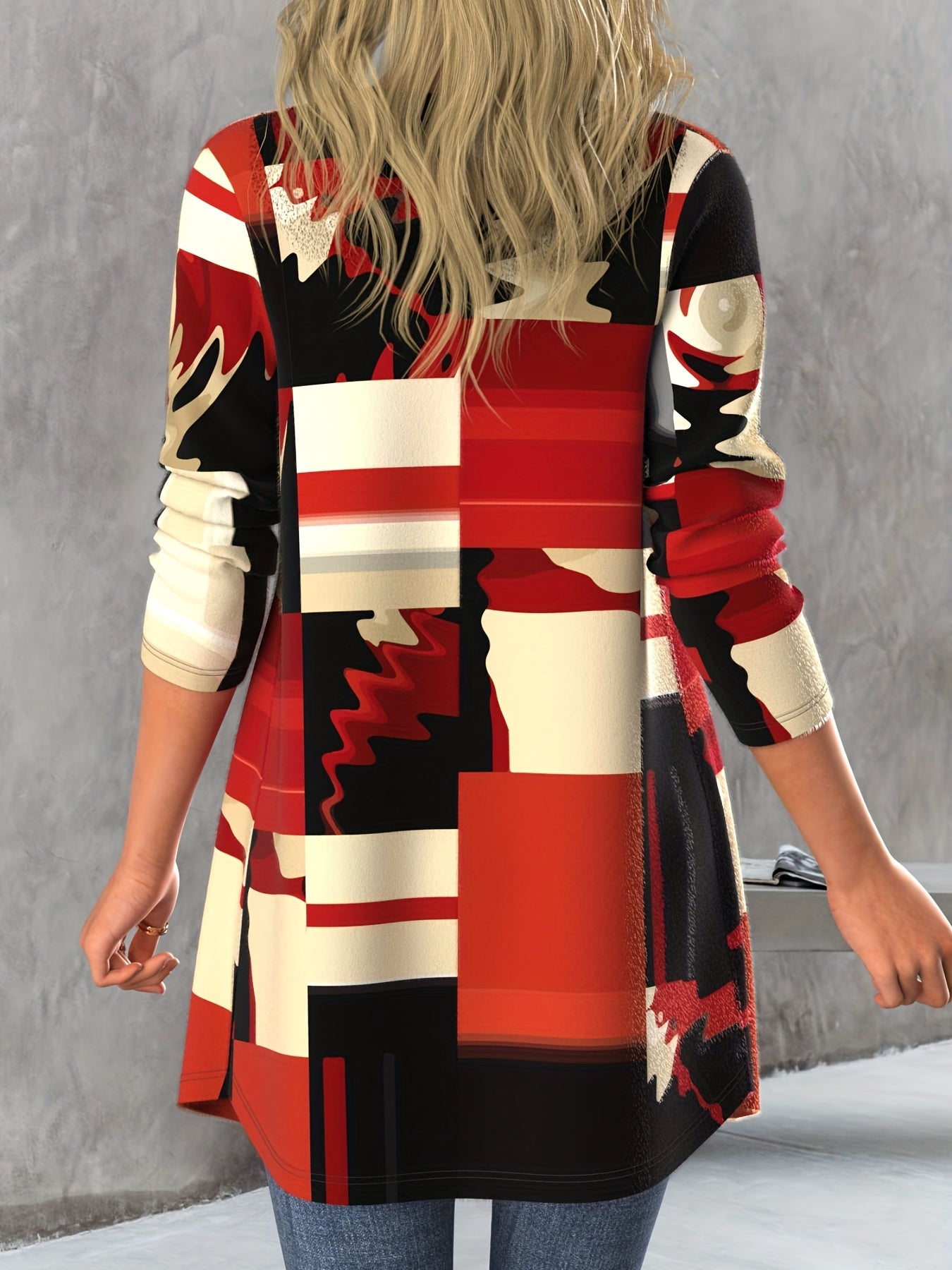 Geo Print Button Front Cardigan Long Sleeve Women's Clothing