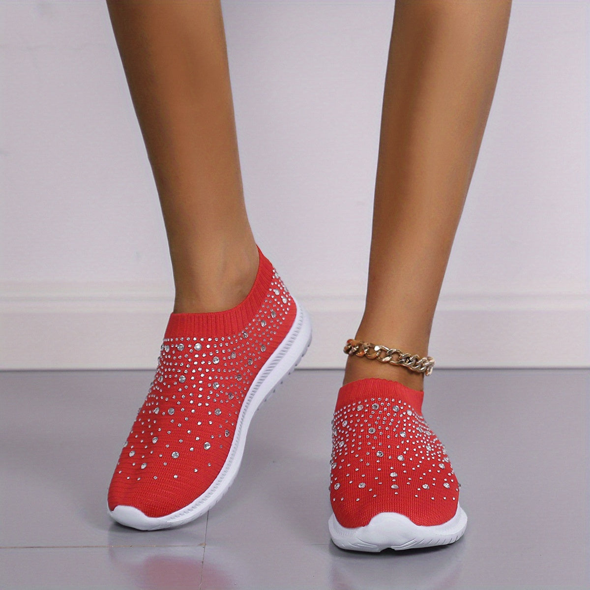 Women's Rhinestone Knitted Flats Slip On Shoes