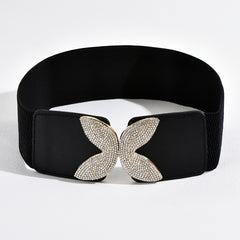 Rhinestone Butterfly Buckle Elastic Belt Wide Waist Cover Skirt Decor