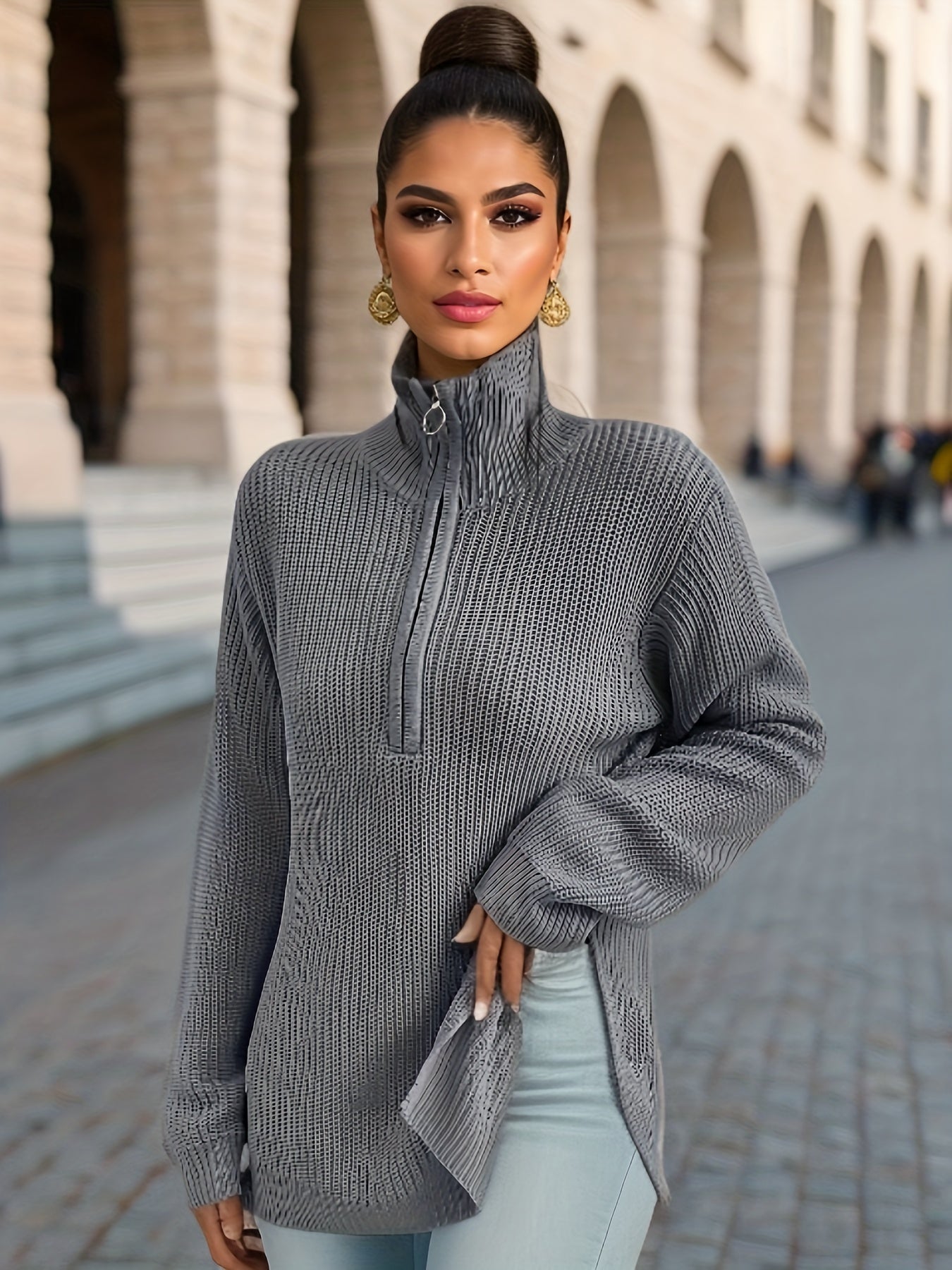 Long Sleeve Oversized Sweater Side Slit for Winter & Fall Women