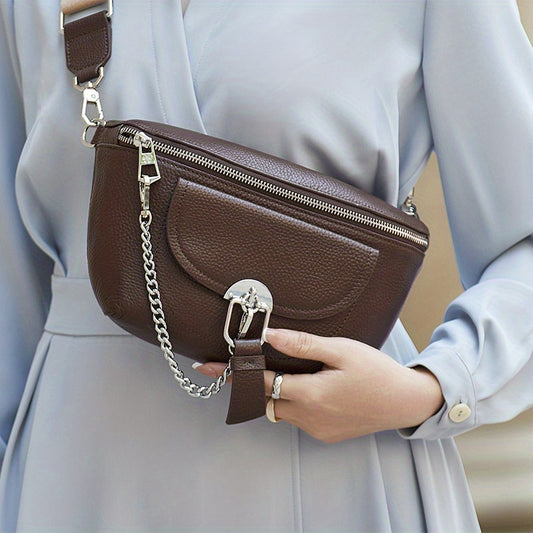 Chain Decor Fanny Pack Casual Zipper Crossbody Bag Women's Leather Purse