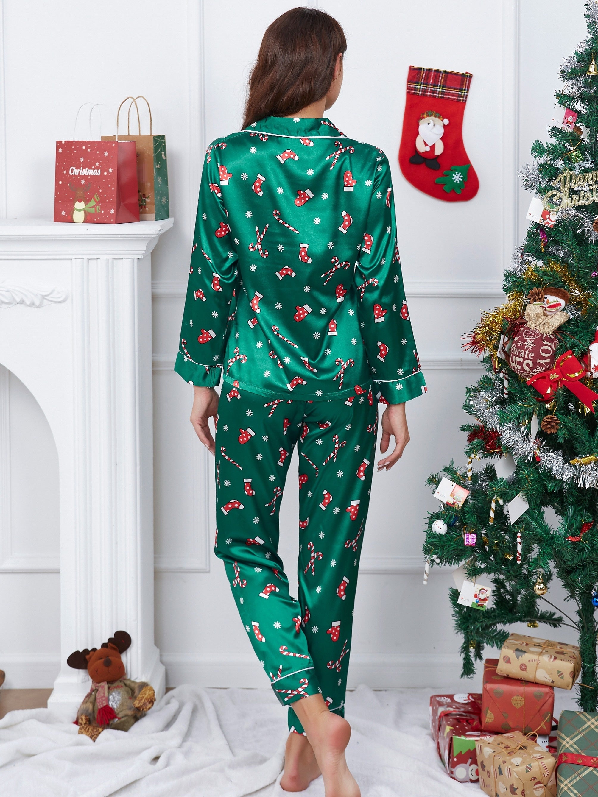 Christmas Socks Pajama Set Long Sleeve Top & Pants Women's Sleepwear