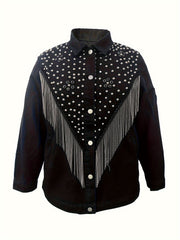 Punk Denim Jacket with Studded Detail and Fringe Trim