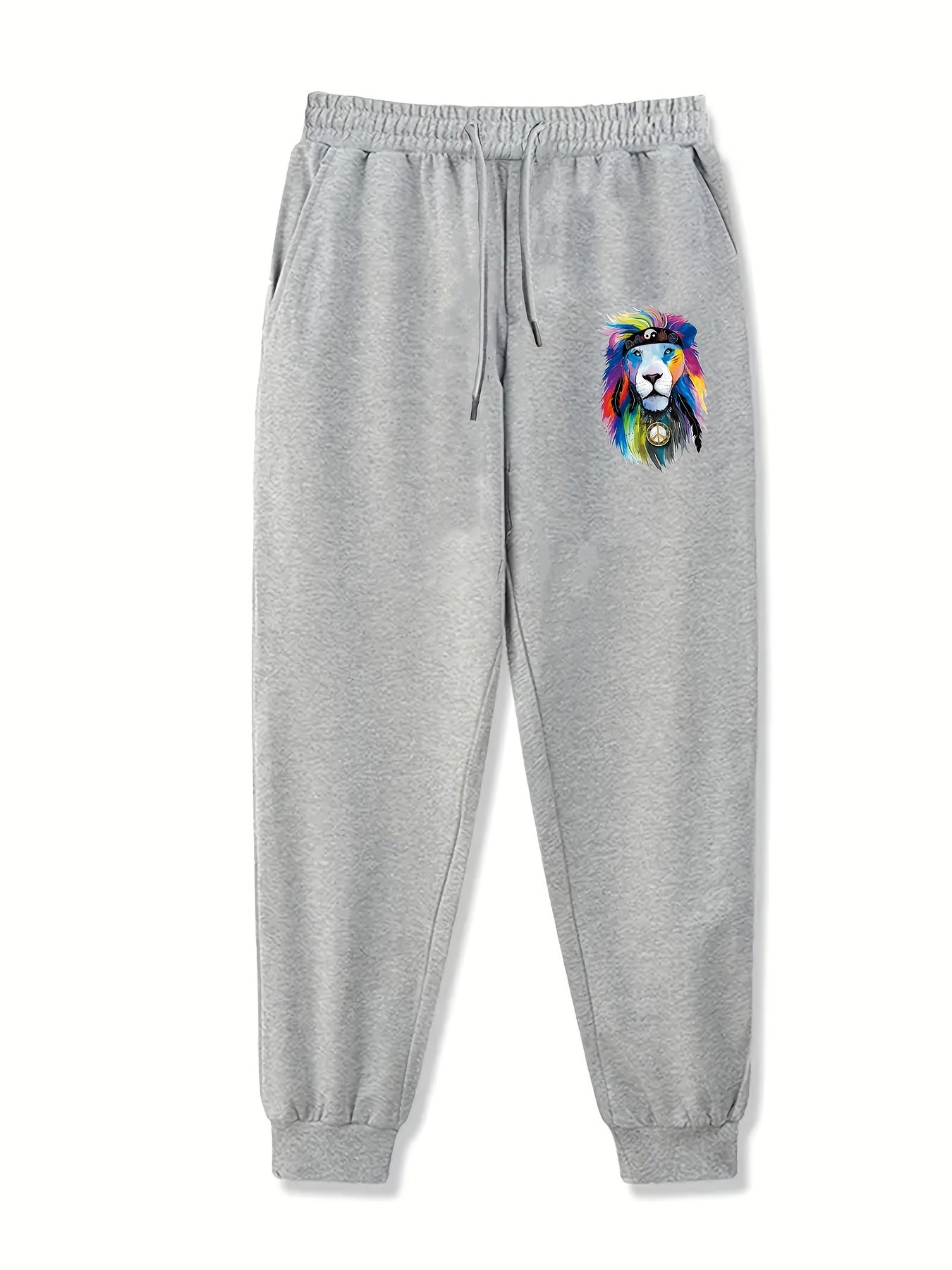 Colorful Lion Pattern Joggers Men's Stretch Waist Sports Pants