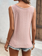 Eyelet Tank Top Button Front Solid Crew Neck