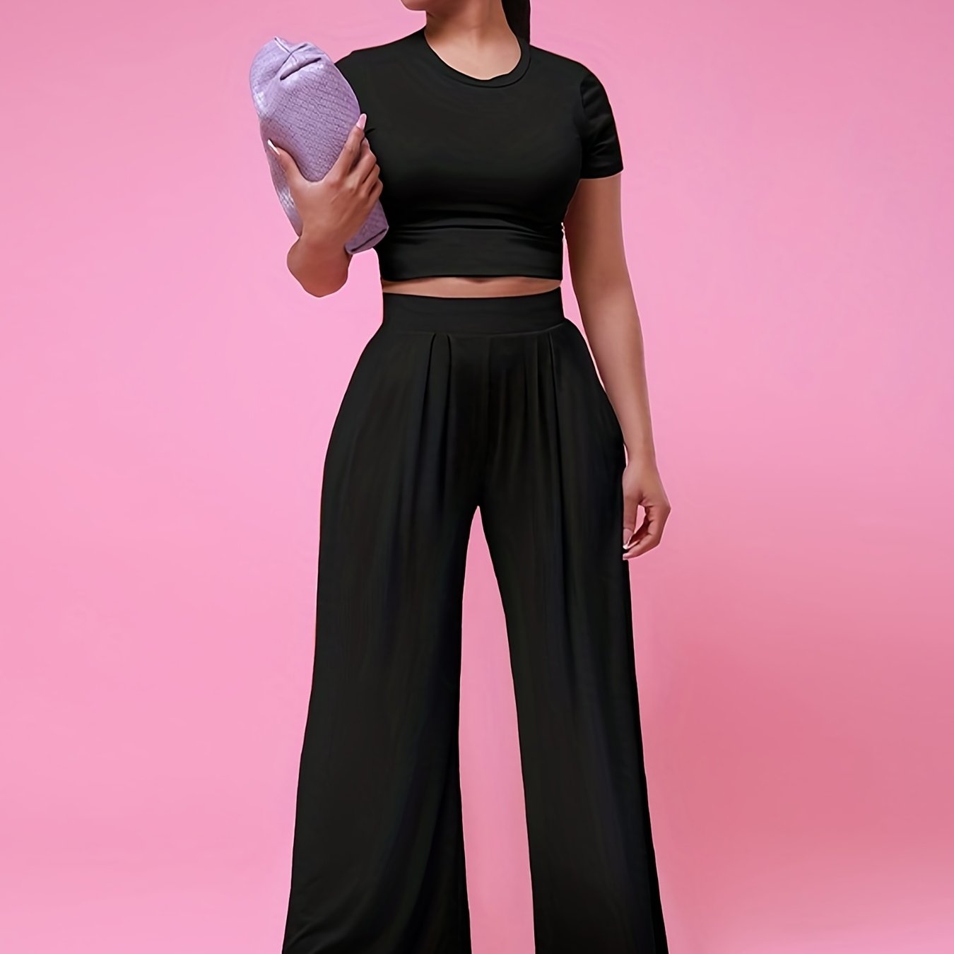 Casual Crew Neck Tee & Wide Leg Pants Set