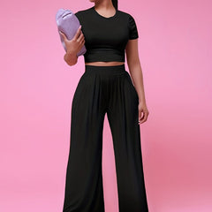 Casual Crew Neck Tee & Wide Leg Pants Set