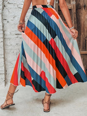 Striped Pleated Maxi Skirt Vintage Elastic Waist Skirt