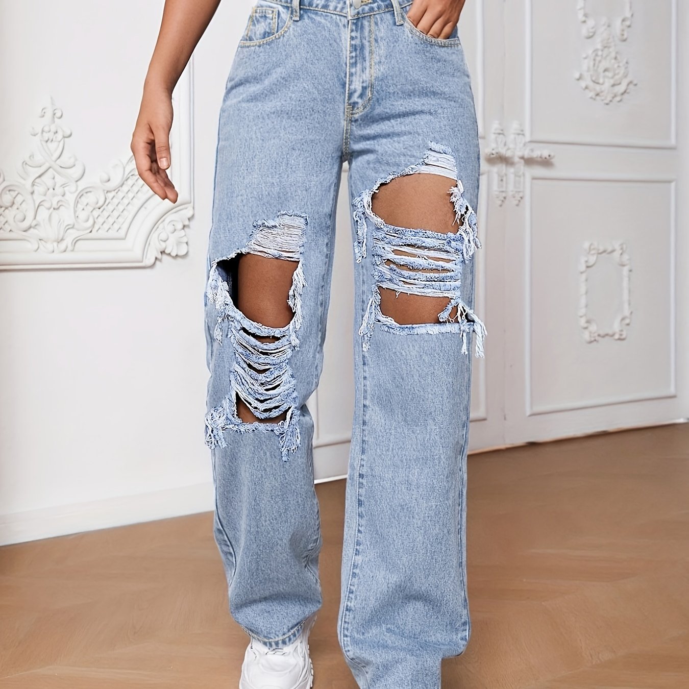 Ripped Straight Jeans Slash Pockets Distressed High Rise Wide Leg Denim Pants