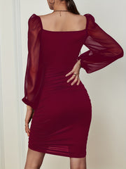 Ruched Bodycon Mini Dress Square Neck Long Sleeve