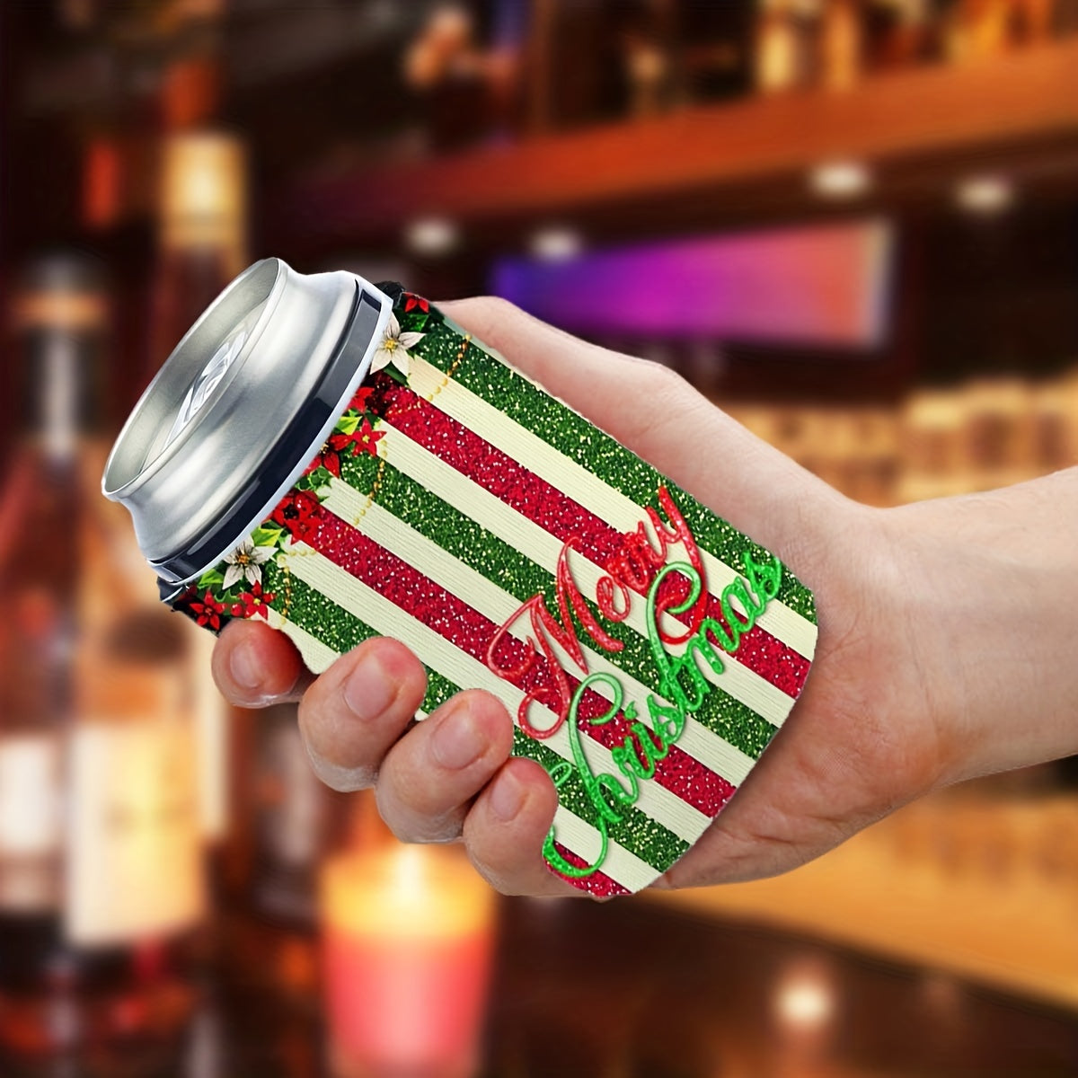 Colorful Vertical Stripes Neoprene Can Cooler - Merry Christmas Print