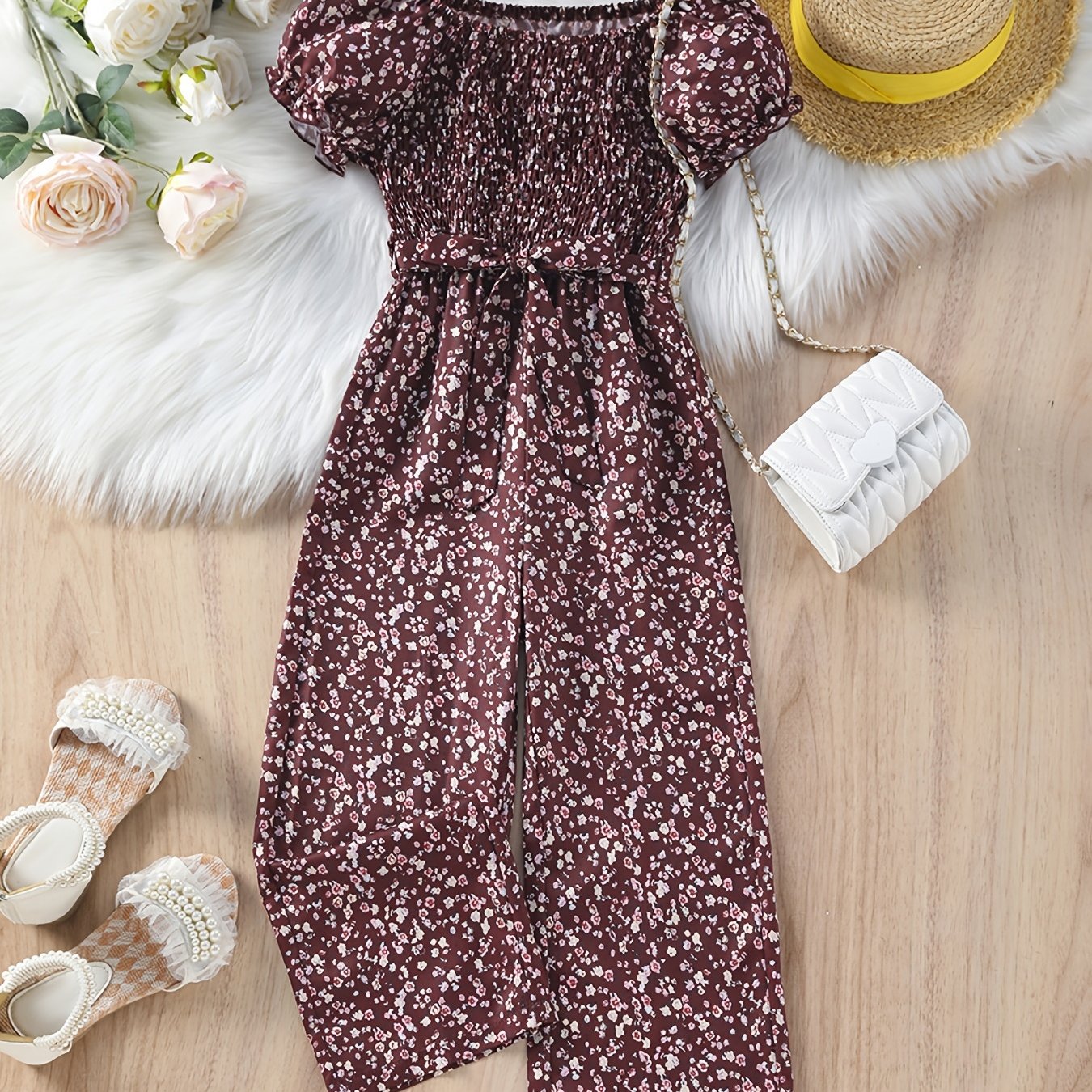 Girls Floral Off Shoulder Jumpsuit with Belt