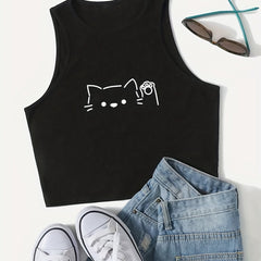 Cartoon Cat Print Crop Tank Top Sleeveless Sexy Summer Casual Top