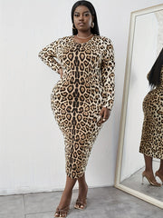 Leopard Print Long Sleeve Round Neck Midi Dress