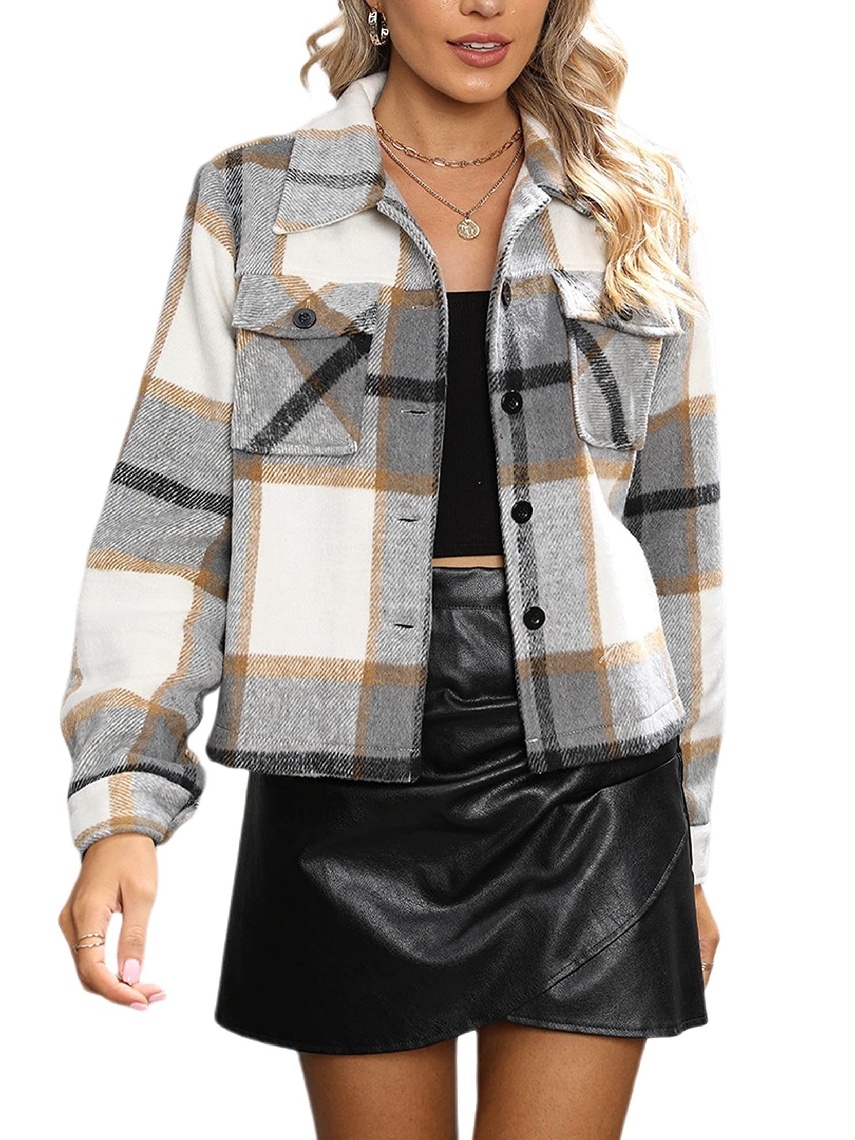 Plaid Trucker Jacket with Flap Pockets for Women
