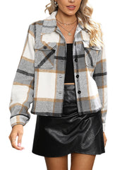 Plaid Trucker Jacket with Flap Pockets for Women