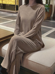 Ribbed Knit Lounge Set Solid Long Sleeve Top & Pants