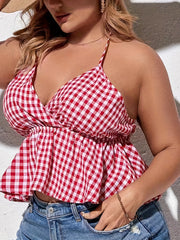 Gingham Print Halter Neck Peplum Top