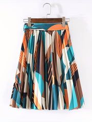 Geometric Print Tied Front Skirt Boho Pleated Skirt