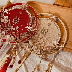 Chinese Wedding Golden Red Fan with Faux Pearl Flower Pendant