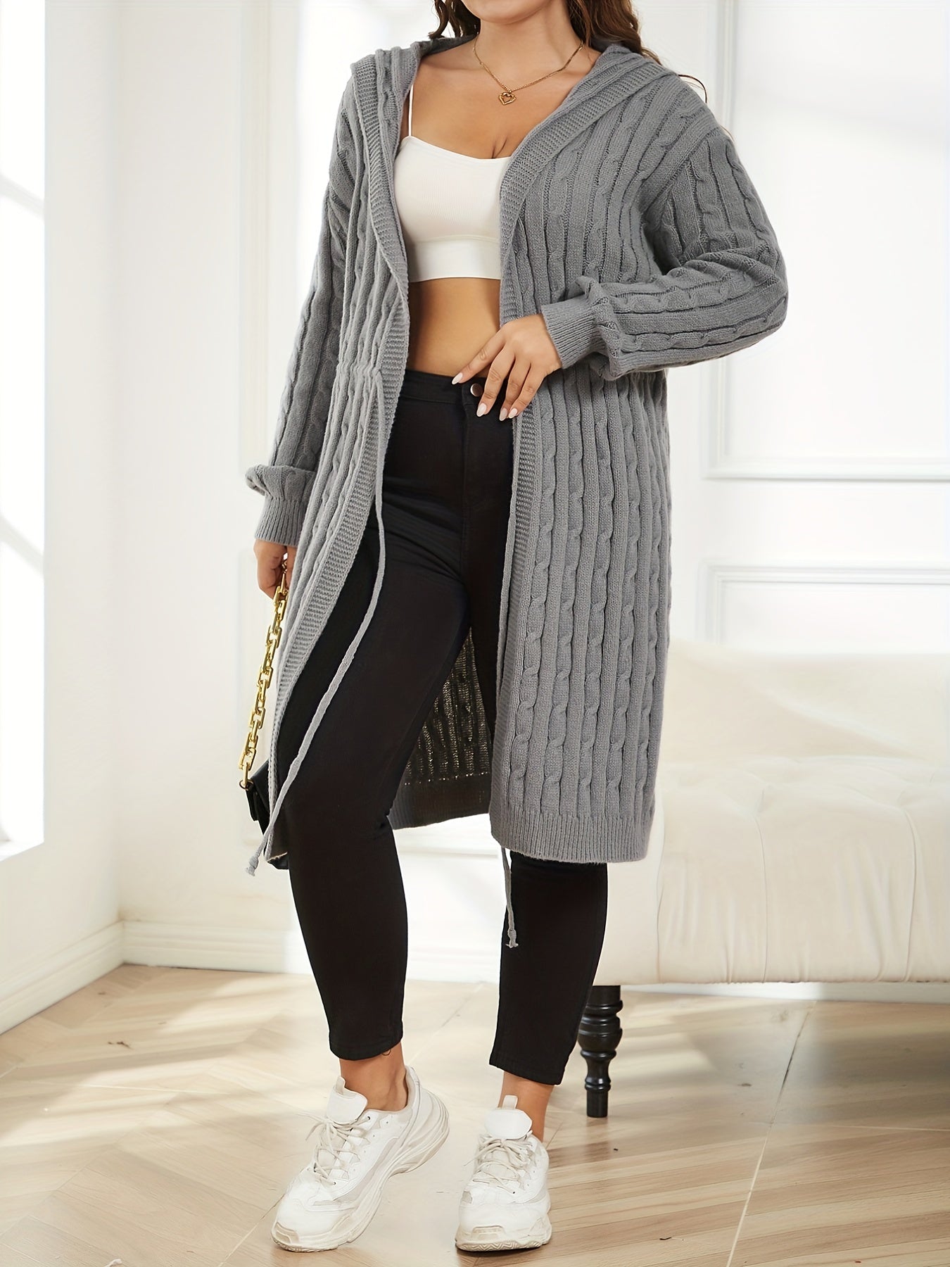 Cable Knit Hooded Cardigan Long Sleeve Drawstring