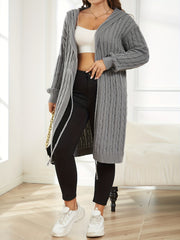 Cable Knit Hooded Cardigan Long Sleeve Drawstring