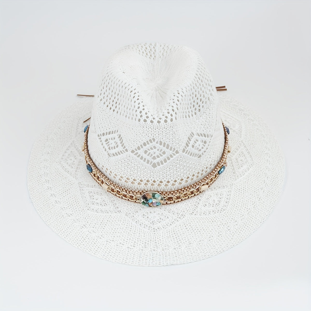 Boho Belt Decor Geometric Crochet Fedora Cap Breathable Summer Beach Hat