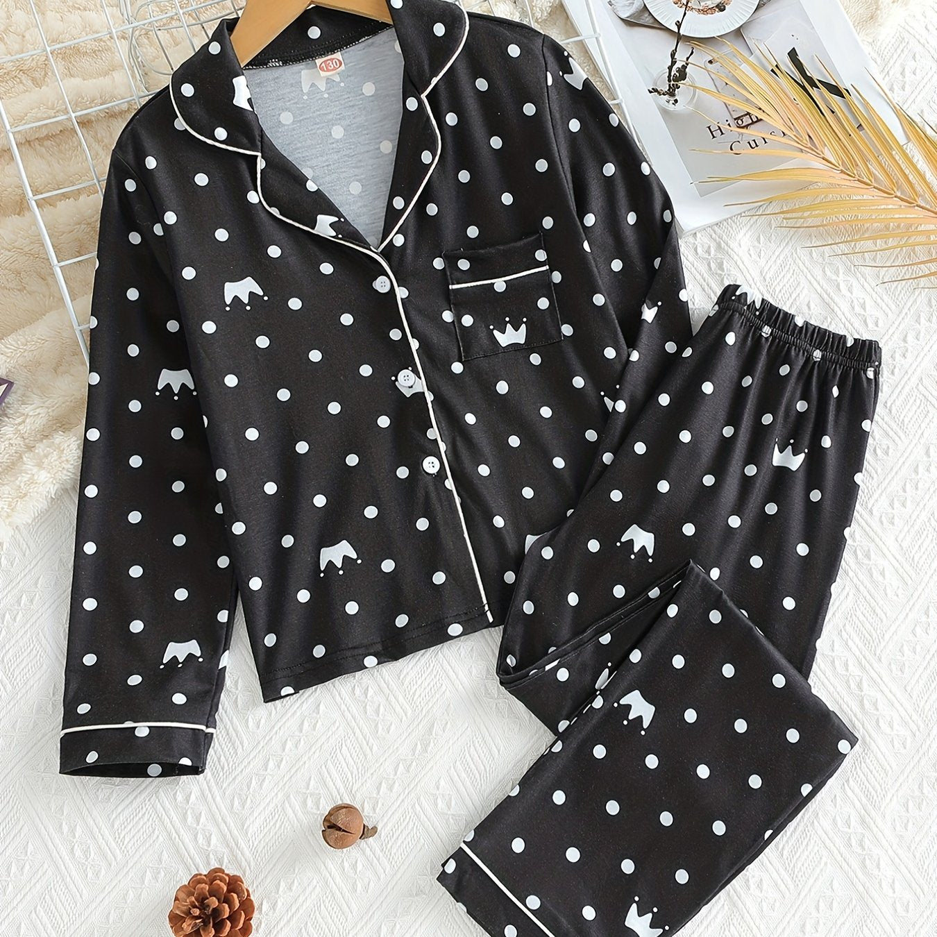 Girls 2pcs Crown Polka Dot Print Pajamas Set