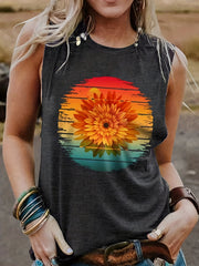 Sunflower Print Round Neck Tank Top for Women
