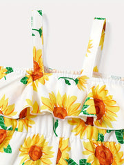 Toddler Girl Sunflower Print Flounce Slip Jumpsuit