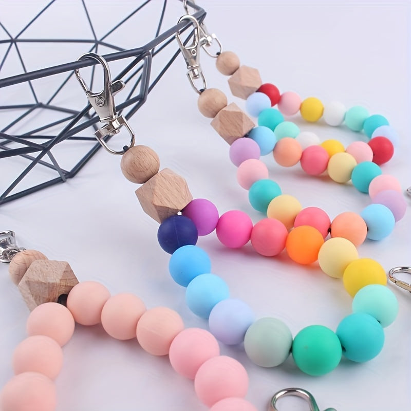 Silicone Beaded Keychain Bracelet For Women Car Keyring Holder Wristlet Bangle