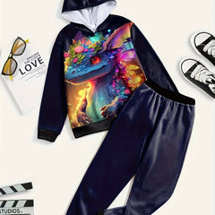 2pc Cartoon Rainbow Dino Hoodie Jogger Pants Kids Clothes