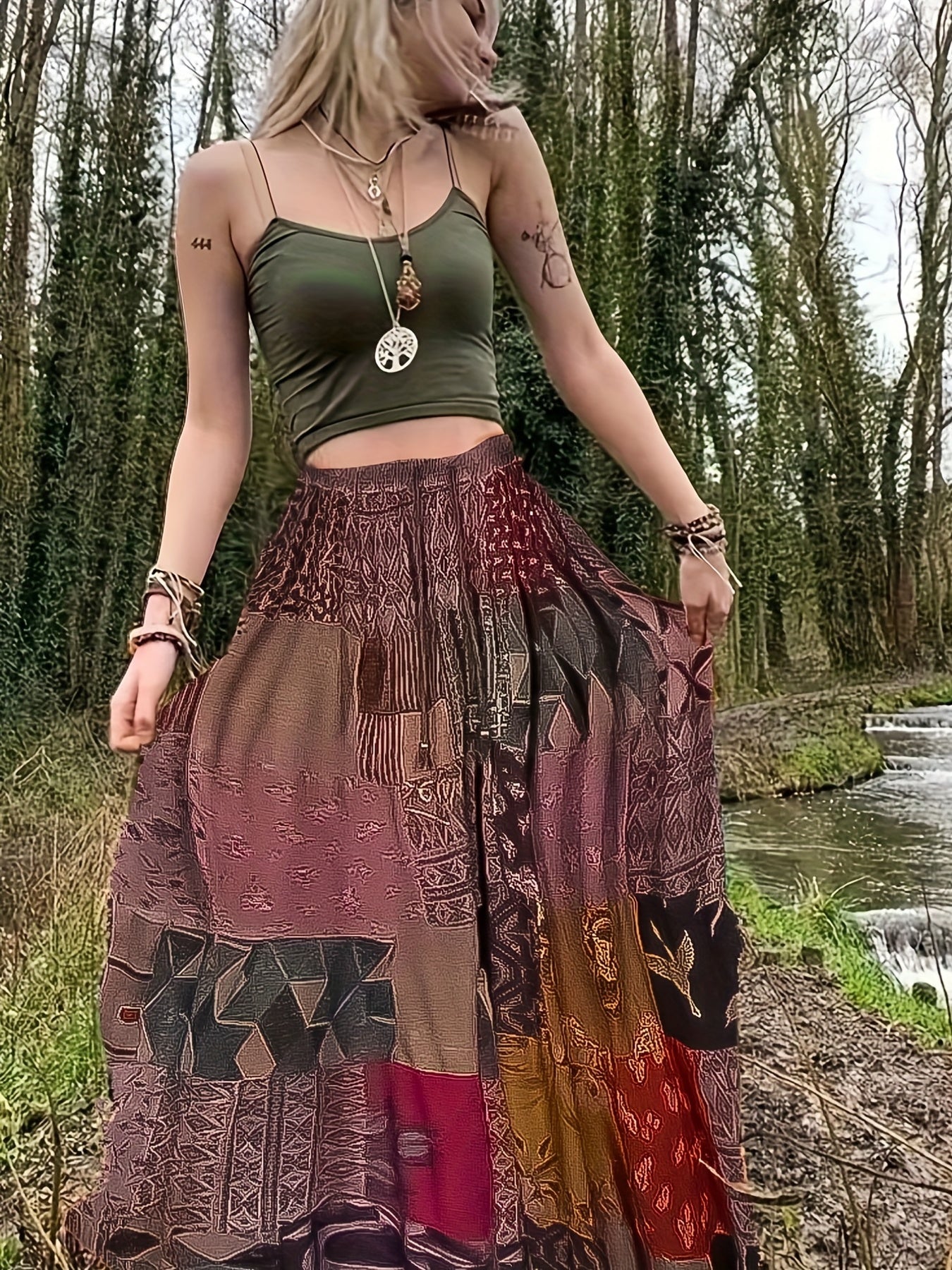 Colorblock Geometric Print High Rise Boho Skirt Plus Size