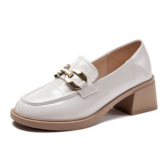 Women's PU Leather Block Heel Loafers Comfort Metal Chain Decor Square Toe Shoes