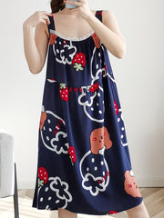 Strawberry Print Nightdress with Lace Trim Sleeves