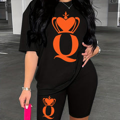 Crowned Q Print Matching Set Casual Short Sleeve T shirt & Biker Shorts