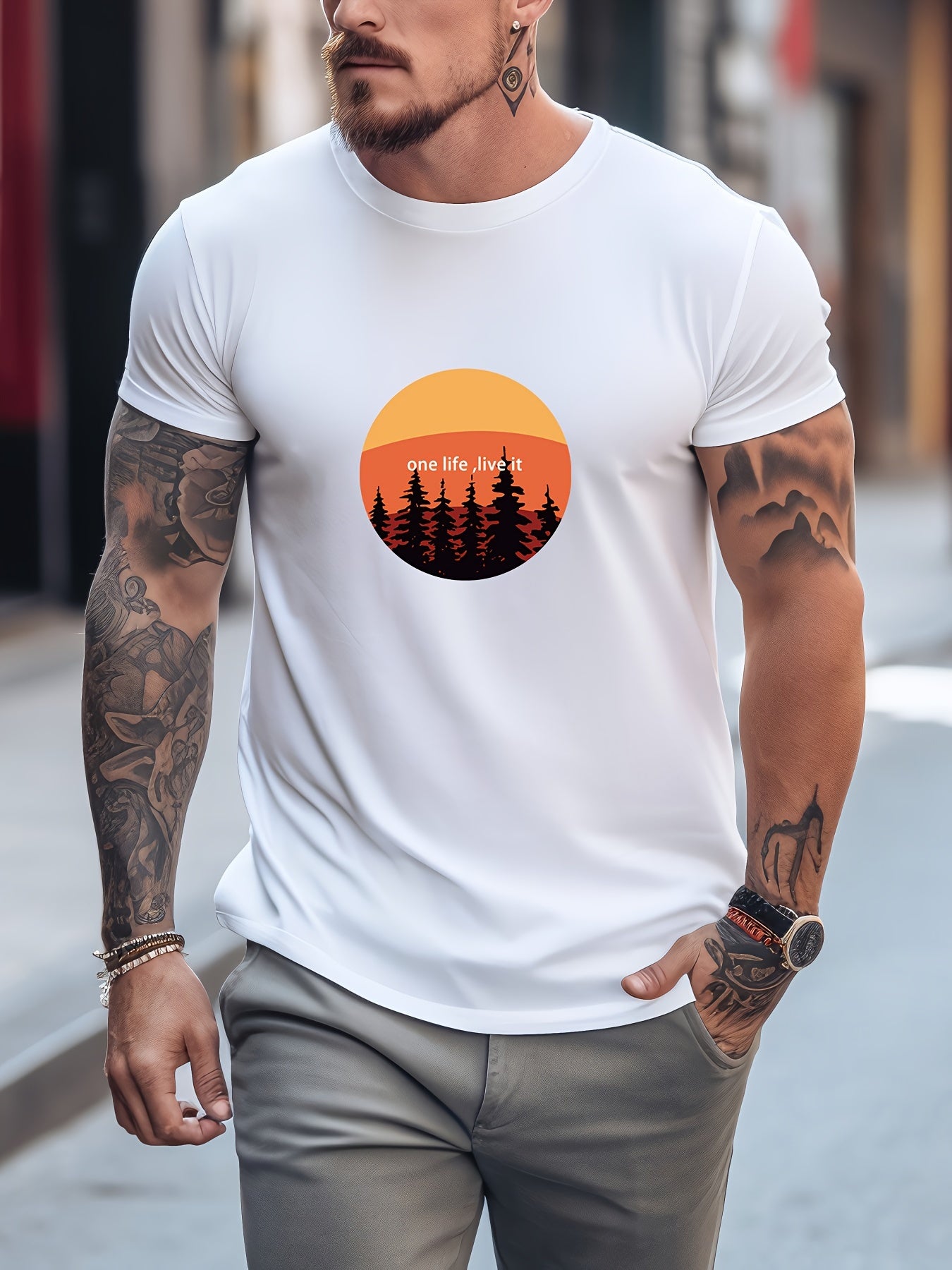 Forest Motorcycle Rider Print Men's Graphic Crew Neck Active T-shirt