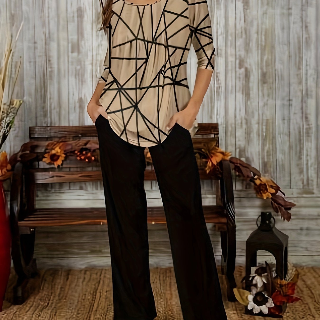 Women's Plus Geometric Print Top & Solid Pants Set