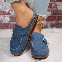 Women's Denim Cork Mules Closed Toe Canvas Flat Shoes