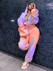 Tie Dye Zip Hoodie & Sweatpants Set Women Plus 2pcs Set