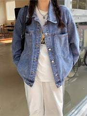 Loose Fit Denim Jackets Patch Pockets Long Sleeves Lapel Versatile Denim Coats