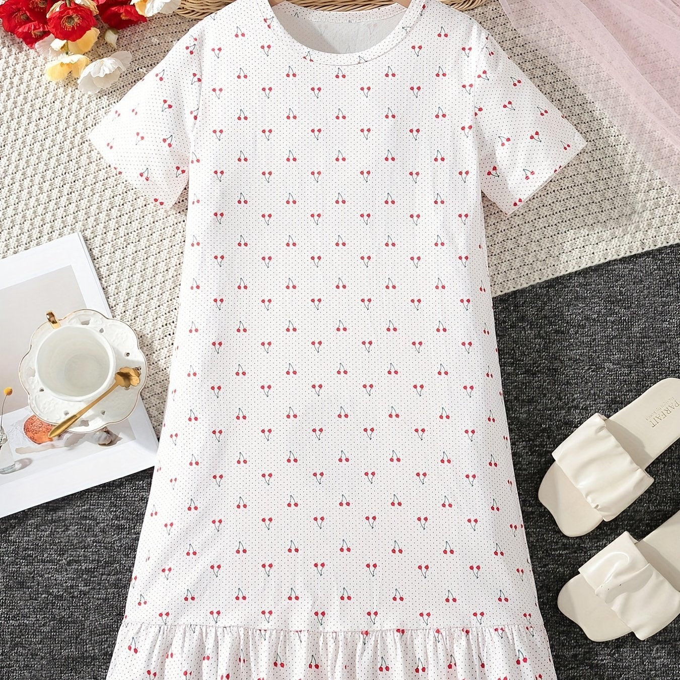 Girls Cherry Print PJ Nightdress Ruffle Decor Short Sleeve Round Neck Dress