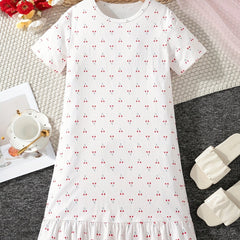 Girls Cherry Print PJ Nightdress Ruffle Decor Short Sleeve Round Neck Dress